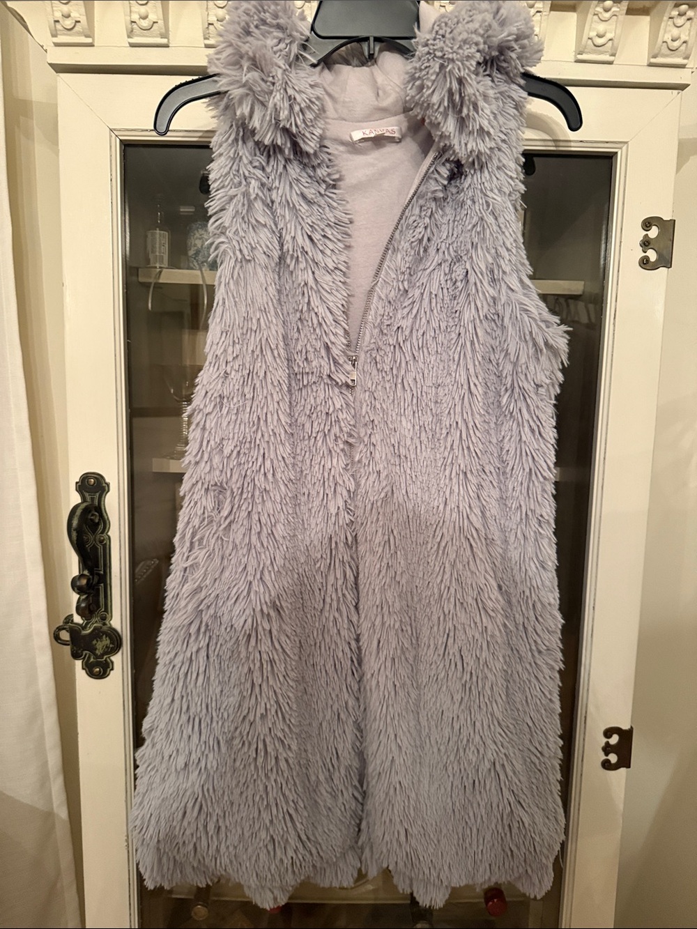 Faux Fur pale gray long tee length Hooded Vest - Women's Cozy Layer